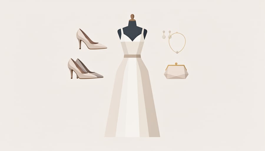 Elegant bridal accessories on a wooden vanity, including pearl earrings, lace headpiece, and refined bridal shoes.