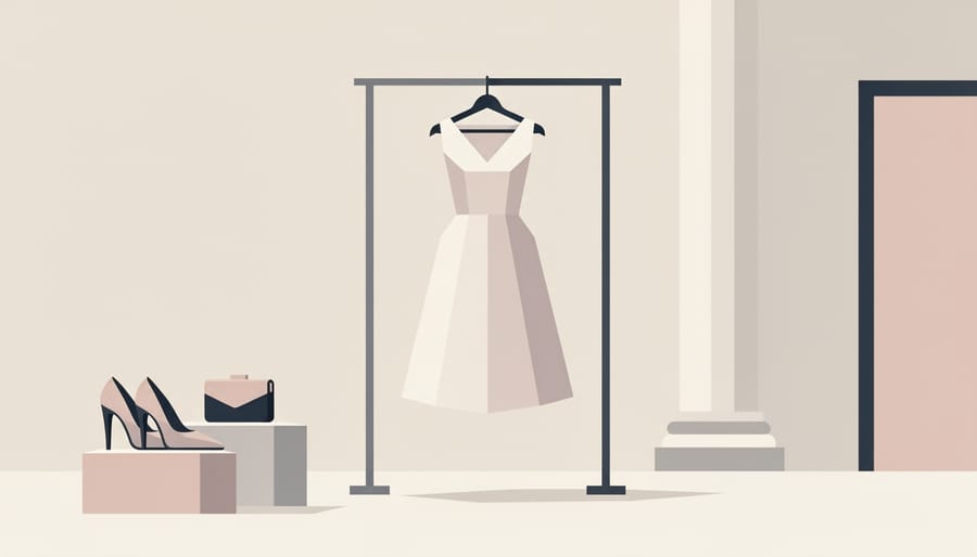Ivory wedding dress laid on a windowsill next to a simple clutch and keys, suggesting courthouse practicality