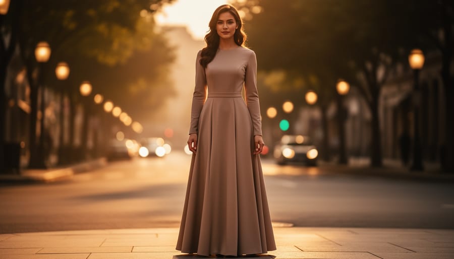 Mature bride wearing a modest sleeved wedding gown outdoors during golden hour with a softly blurred background.