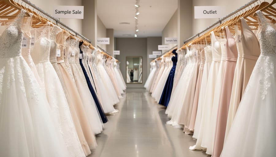 Wedding dresses hanging on a rack in a shop with fabrics in focus and shoppers blurred in the background.