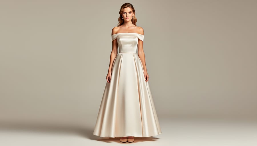 Off-the-shoulder tea-length satin wedding dress outdoors in a garden setting