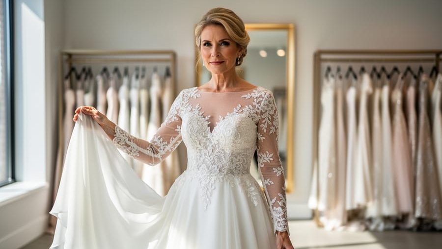 Mature bride trying on a long-sleeve wedding dress in a bright bridal boutique, holding the fabric near her waist.