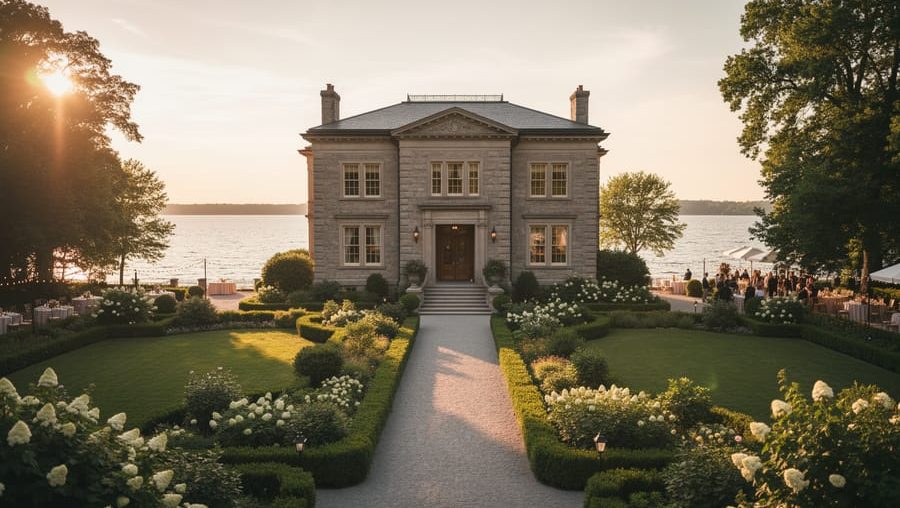 Golden-hour view of Paletta Mansion with landscaped garden paths and calm waterfront lake in the background, suitable for an Ontario wedding venue.