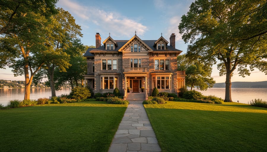 Historic Paletta Mansion exterior with warm golden-hour lighting reflected in the water.