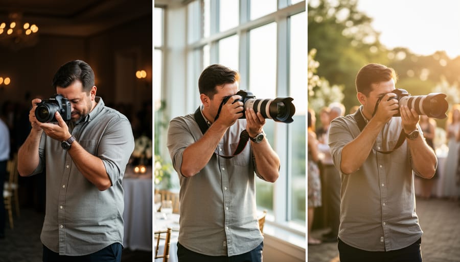 Photographer adjusting a camera on a tripod near a wedding venue