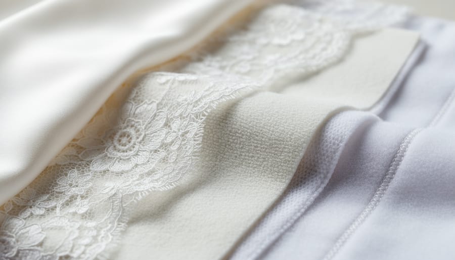 Close-up of a mature wedding dress showing silk crepe, lace detailing, and structured fabric layers.