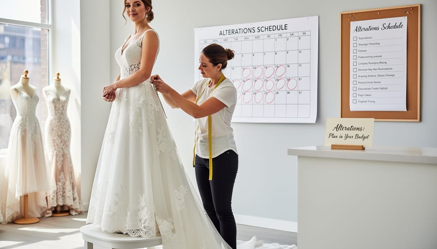 Seamstress hands pinning and adjusting lace on a wedding dress on a dress form