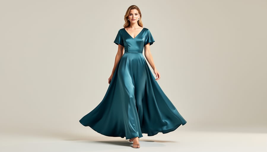 Short sleeve V-neck satin flared tea-length wedding dress on a mannequin