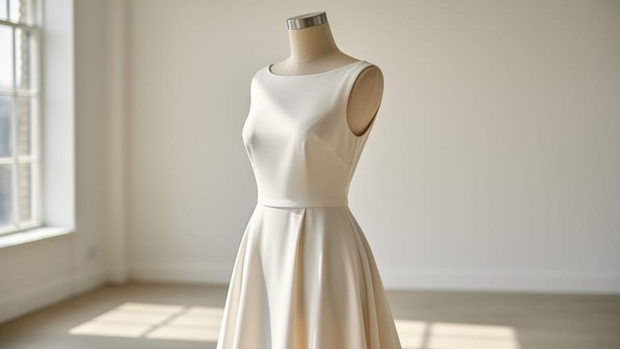 An ivory minimalist wedding dress with clean neckline and satin-crepe drape displayed on a studio mannequin in soft natural light.