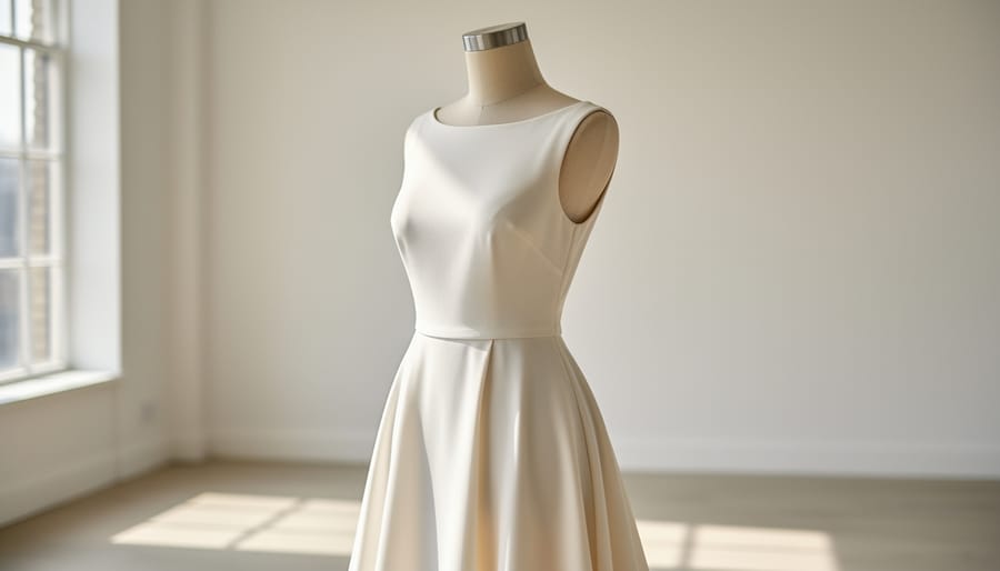 An ivory minimalist wedding dress with clean neckline and satin-crepe drape displayed on a studio mannequin in soft natural light.
