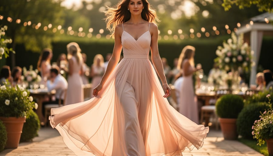 Spaghetti strap chiffon floor-length wedding dress outdoors in soft summer light