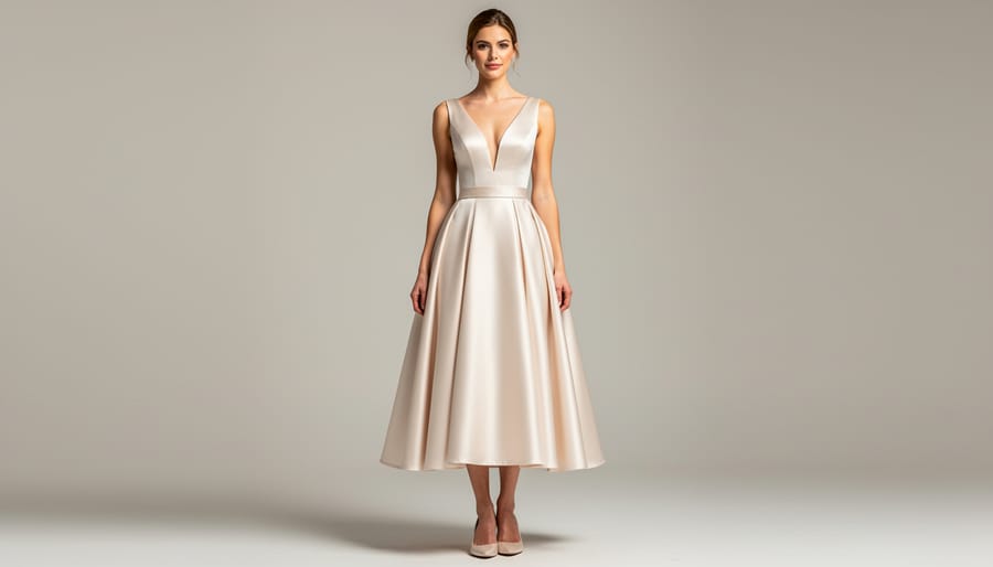Tea-length empire satin wedding gown with V-neck front and low-V open back