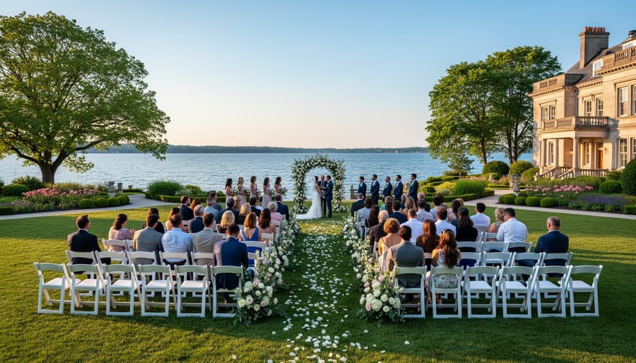 Outdoor wedding ceremony aisle with floral arch leading toward the waterfront lake at sunset.