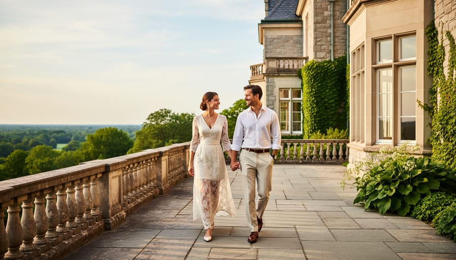 Wedding couple walking on the outdoor terrace near Paletta Mansion entrance with landscaped greenery in the background.